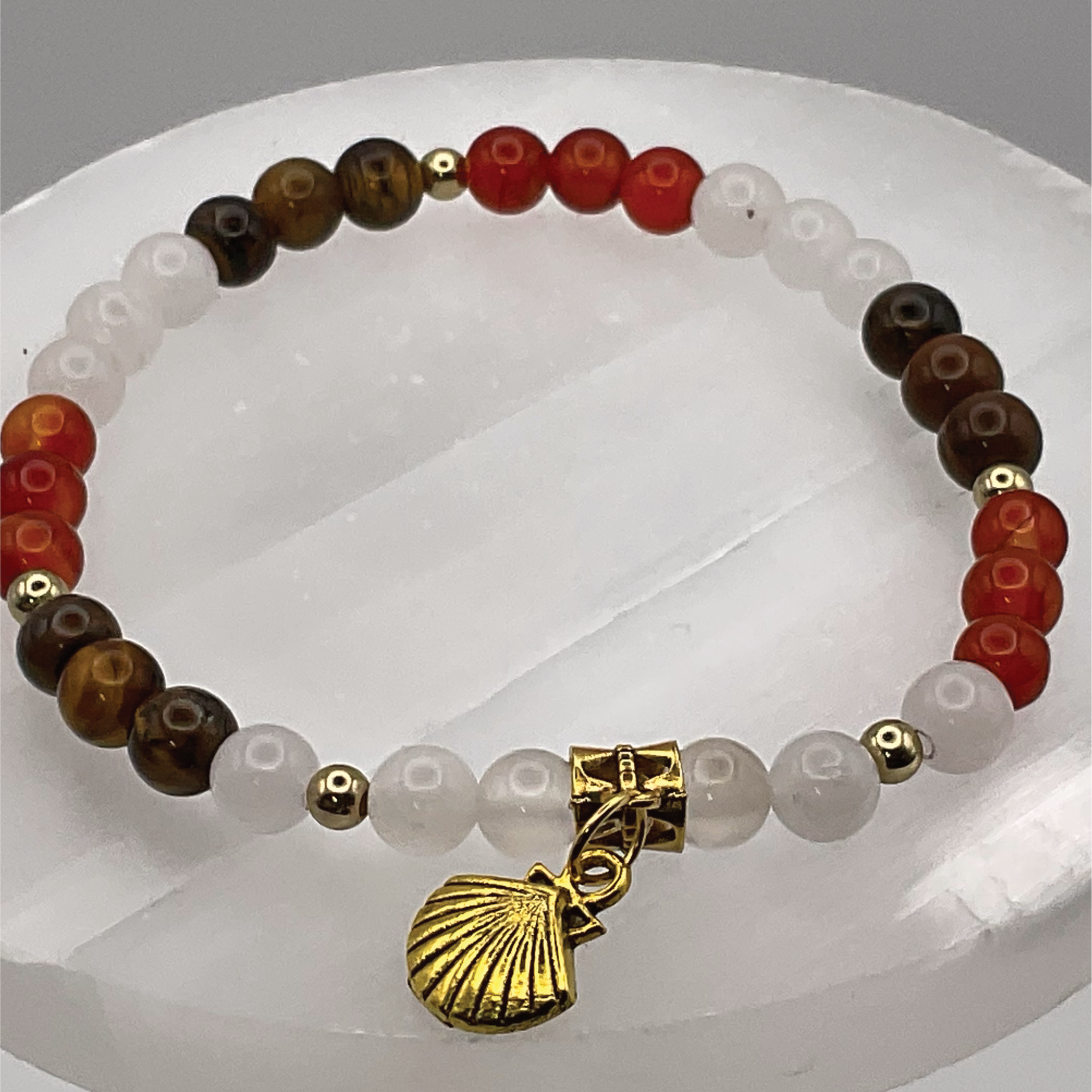 Tiger's Eye Carnelian Selenite Seashell Charm Bracelet with Gold Tone Spacers