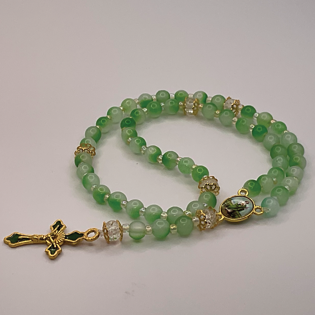 Clear Green Small Full 5 Decade Gold Rosary