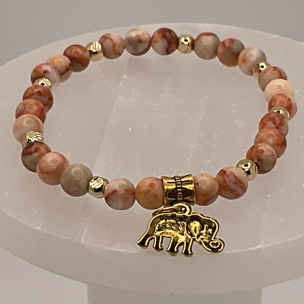 Borswana Agate Elephant Charm Bracelet with Gold Spacers