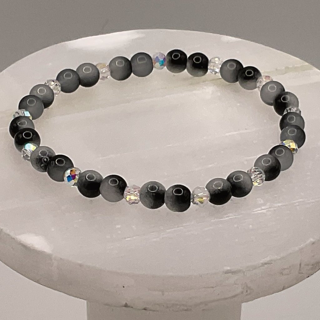 Grey Black Glass Bracelet with Crystal Spacers
