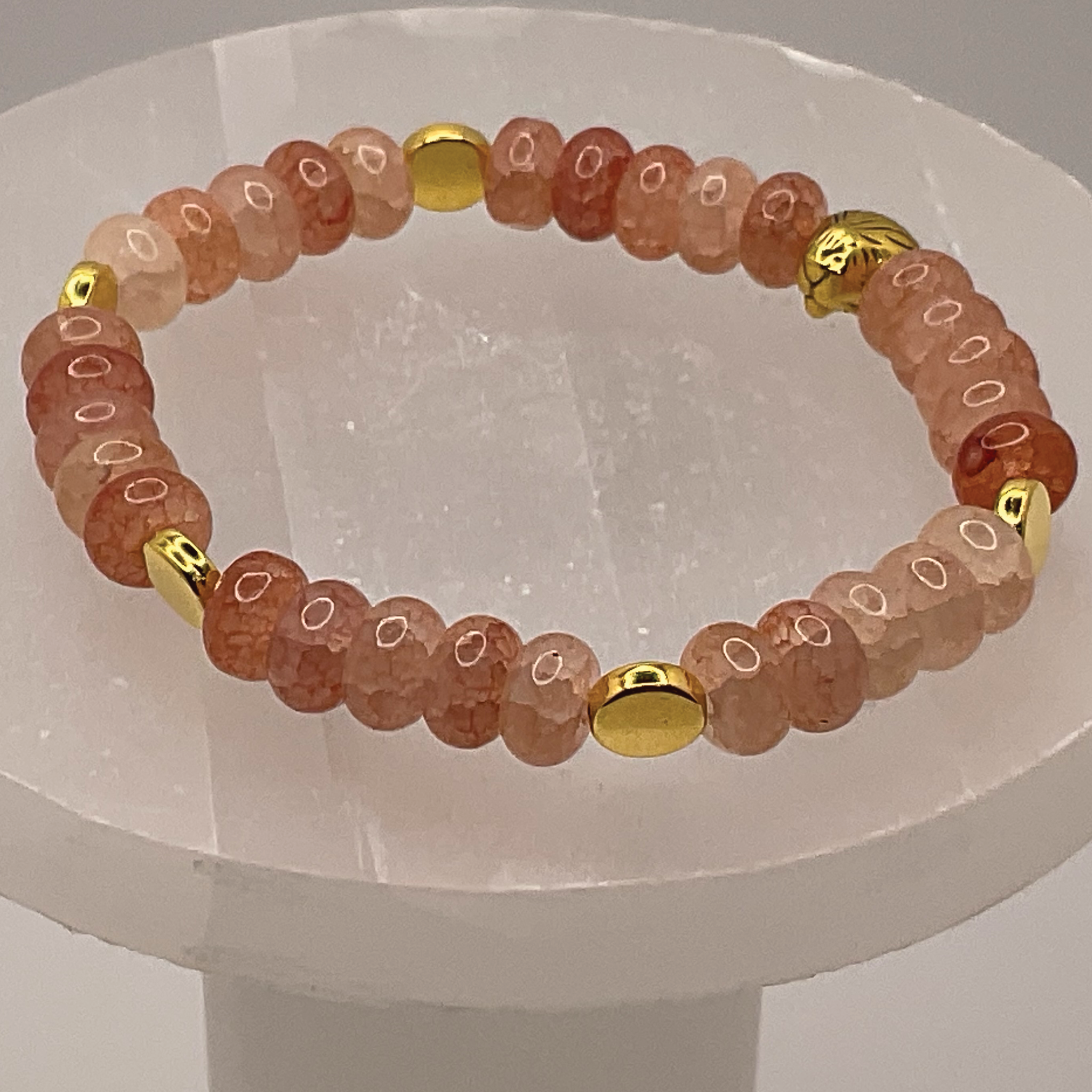 Rose Quartz Panther Charm Bracelet with Gold Tone Disc Spacers