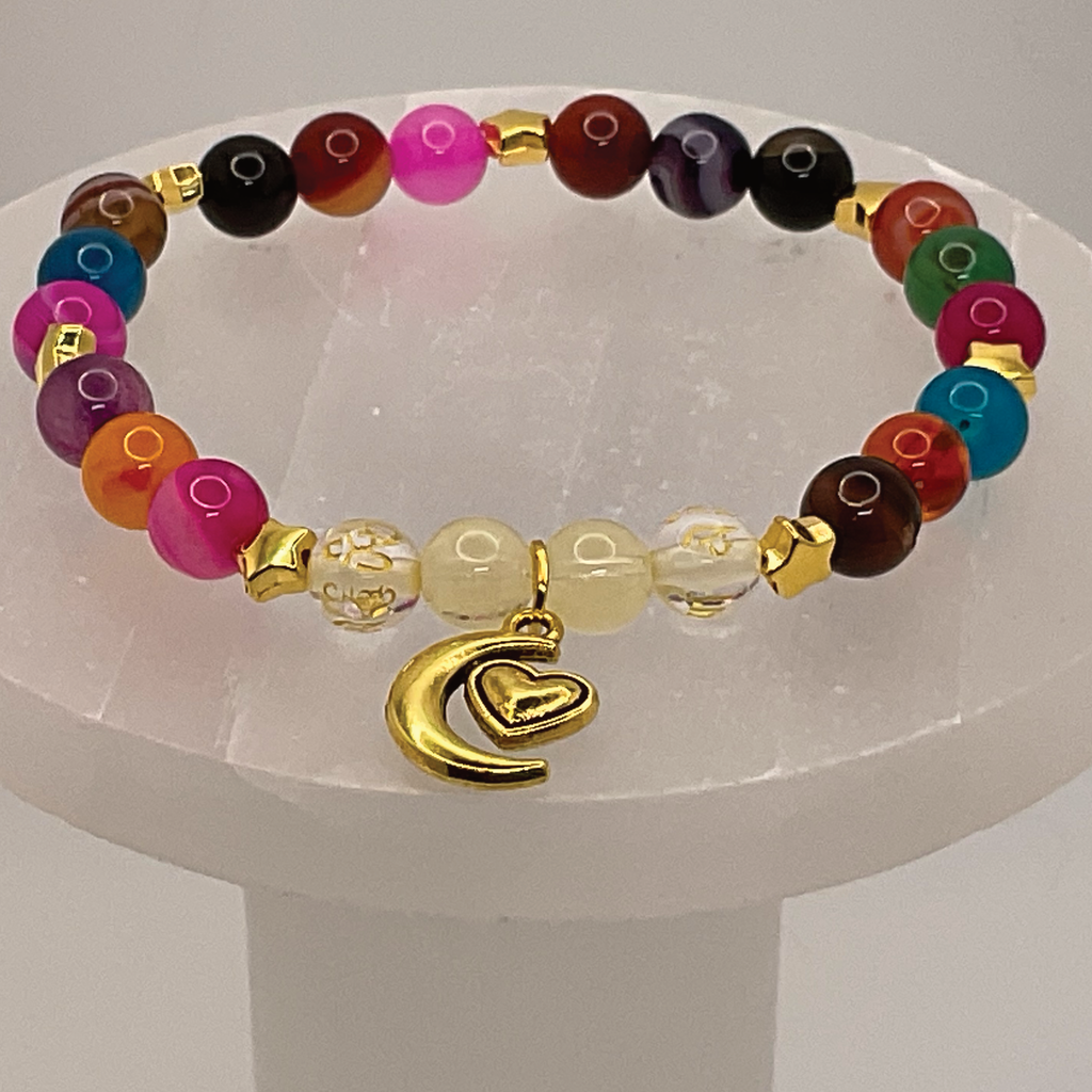 Multicolor Dragon Vein Agate Citrine Clear Pixiu Moon Heart Charm Bracelet with Gold Star Spacers