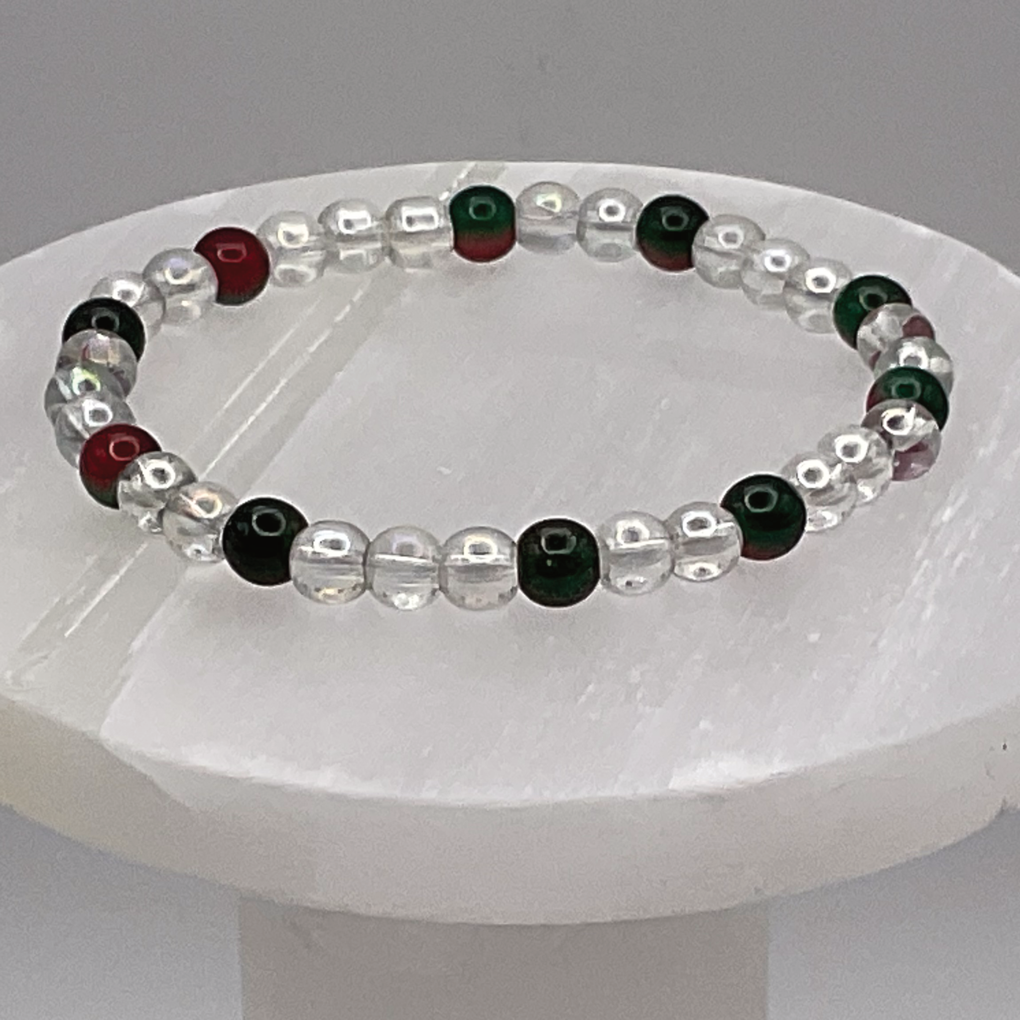 Clear Crystal Glass Bracelet with Red Green Spacers