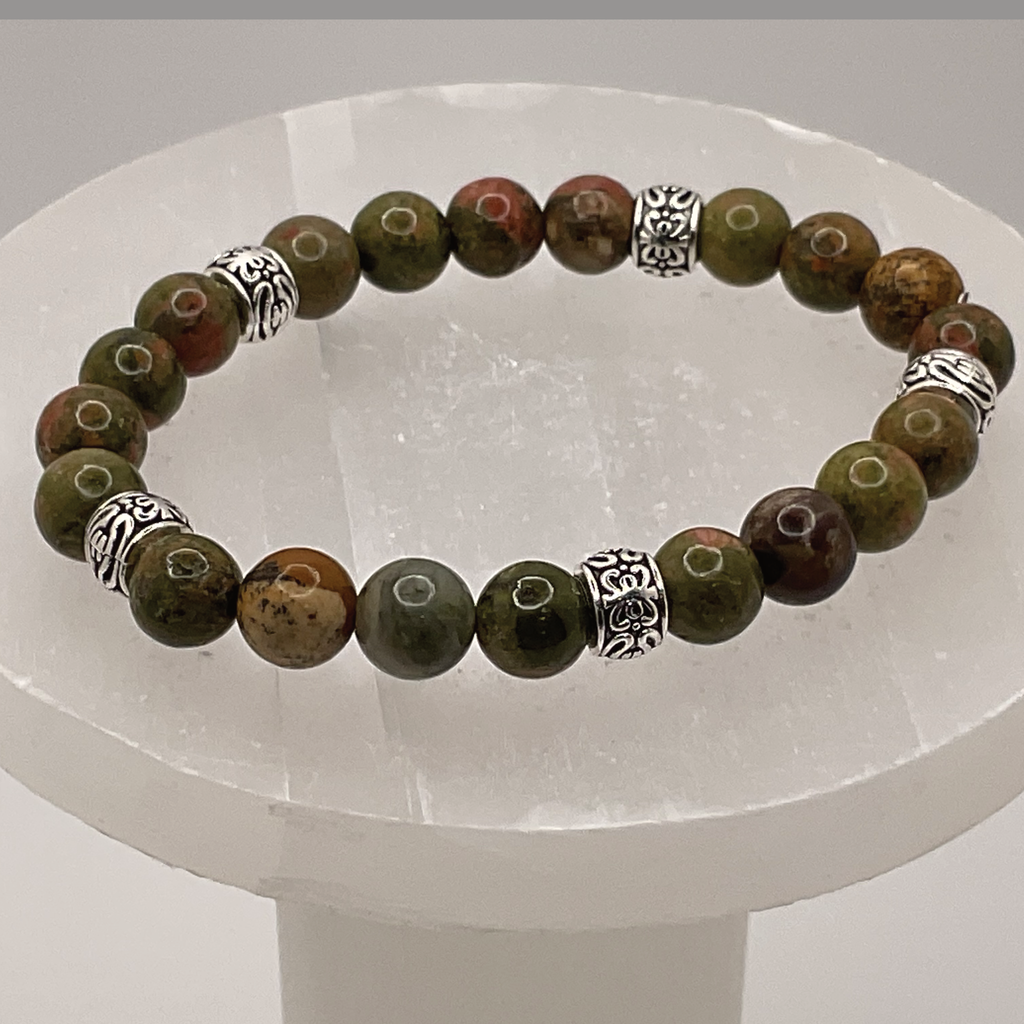 Unakite Bracelet with Silver Tone Barrel Spacers