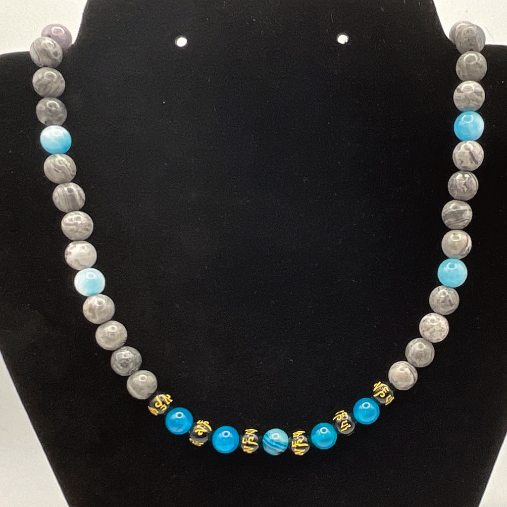 20" Picasso Stone Blue Dragon Agate Pixiu Necklace with Silver Tone Spacers