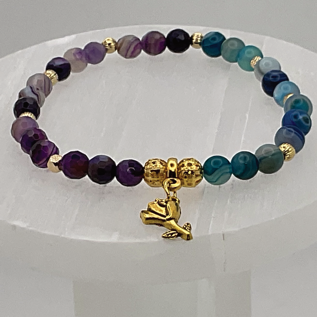 Blue and Purple Dragon Vein Agate Flower Charm Bracelet with Gold Spacers