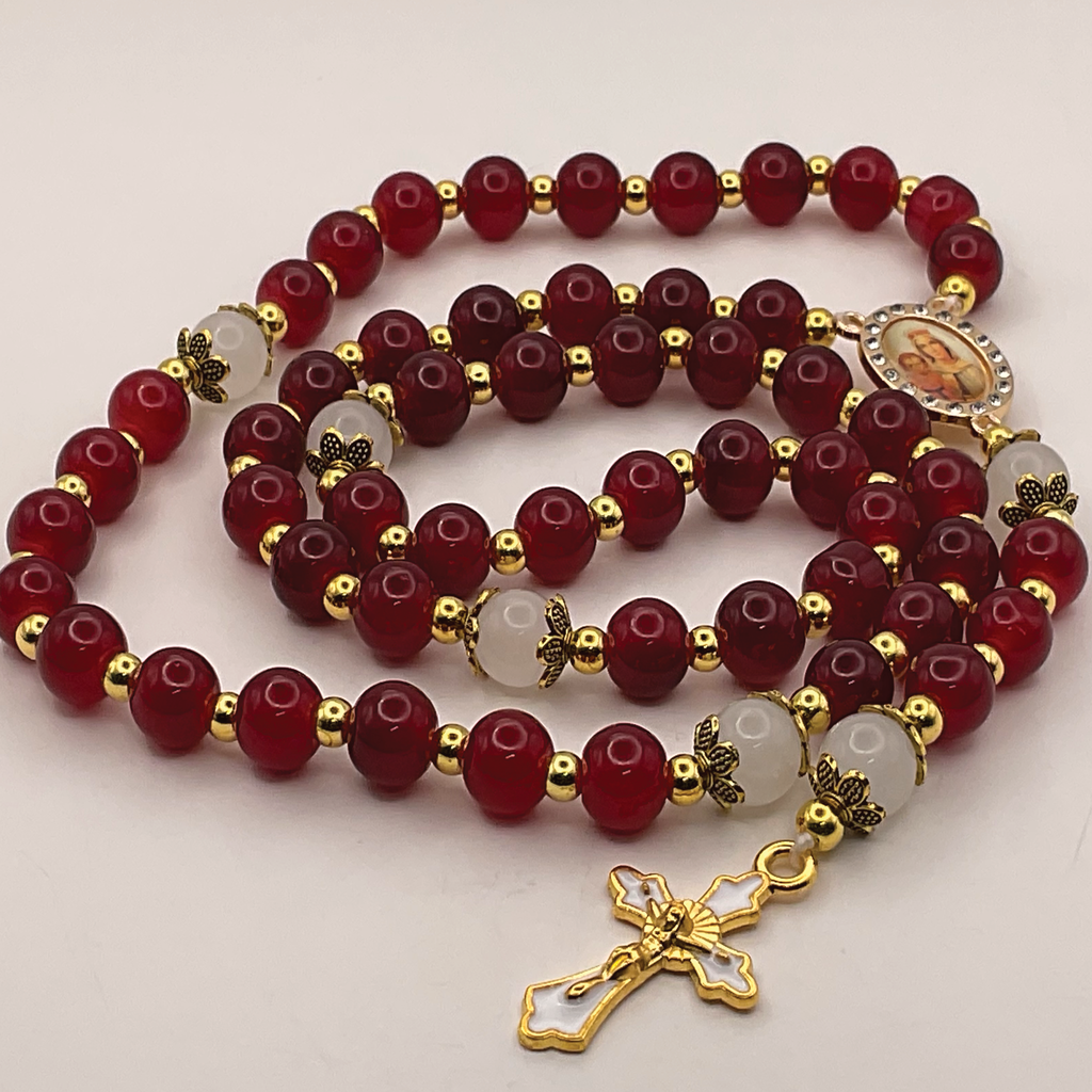 Red Milky White Full 5 Decade Gold Rosary