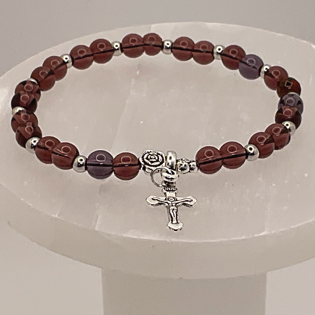Amethyst Cross Charm Bracelet with Tiny Silver Spacers
