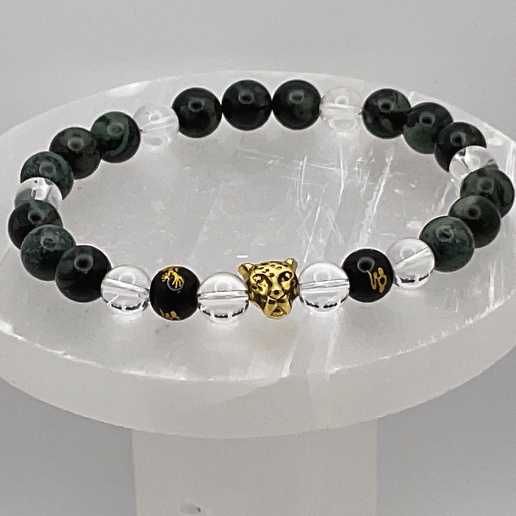 Pulsera de Cuarzo Transparente con Pixiu Negro Kambamba Jasper y Colgante de Pantera