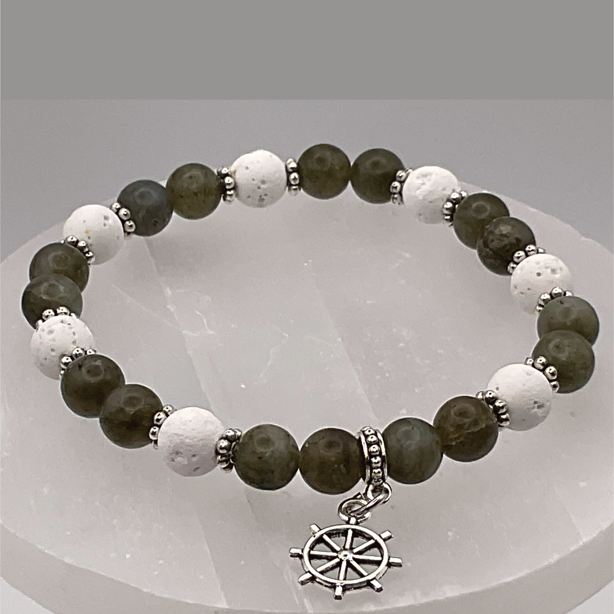 Nephrite Magnesite Nautical Charm Bracelet with Silver Tone Spacers