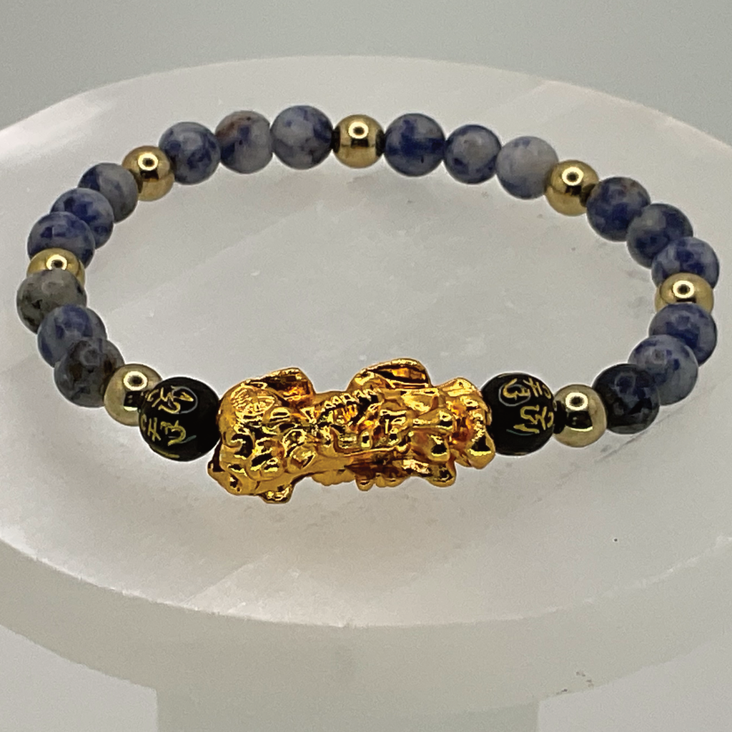 Blue Sodalite Black Pixiu Dragon Charm Bracelet with Gold Spacers