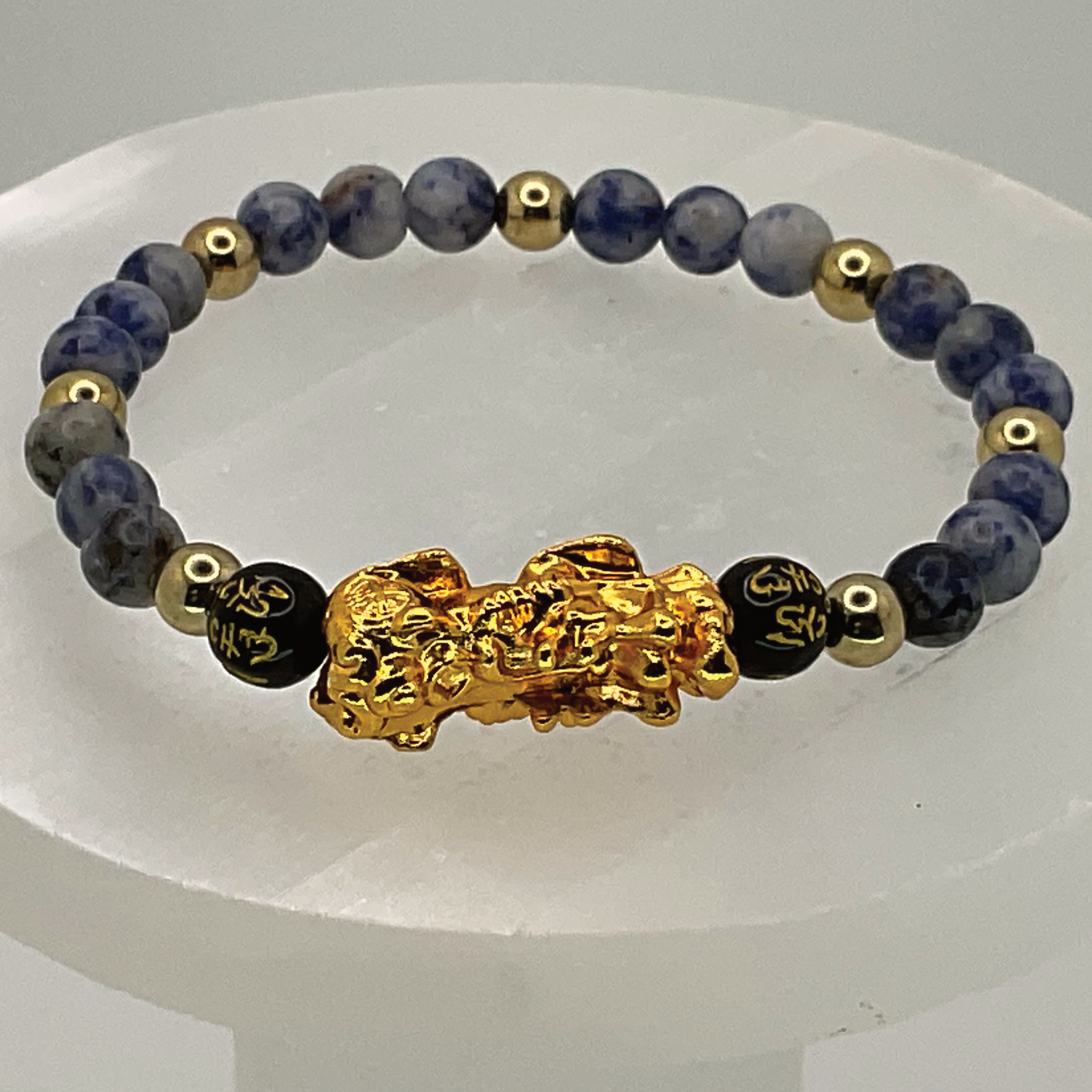 Blue Sodalite Black Pixiu Dragon Charm Bracelet with Gold Spacers