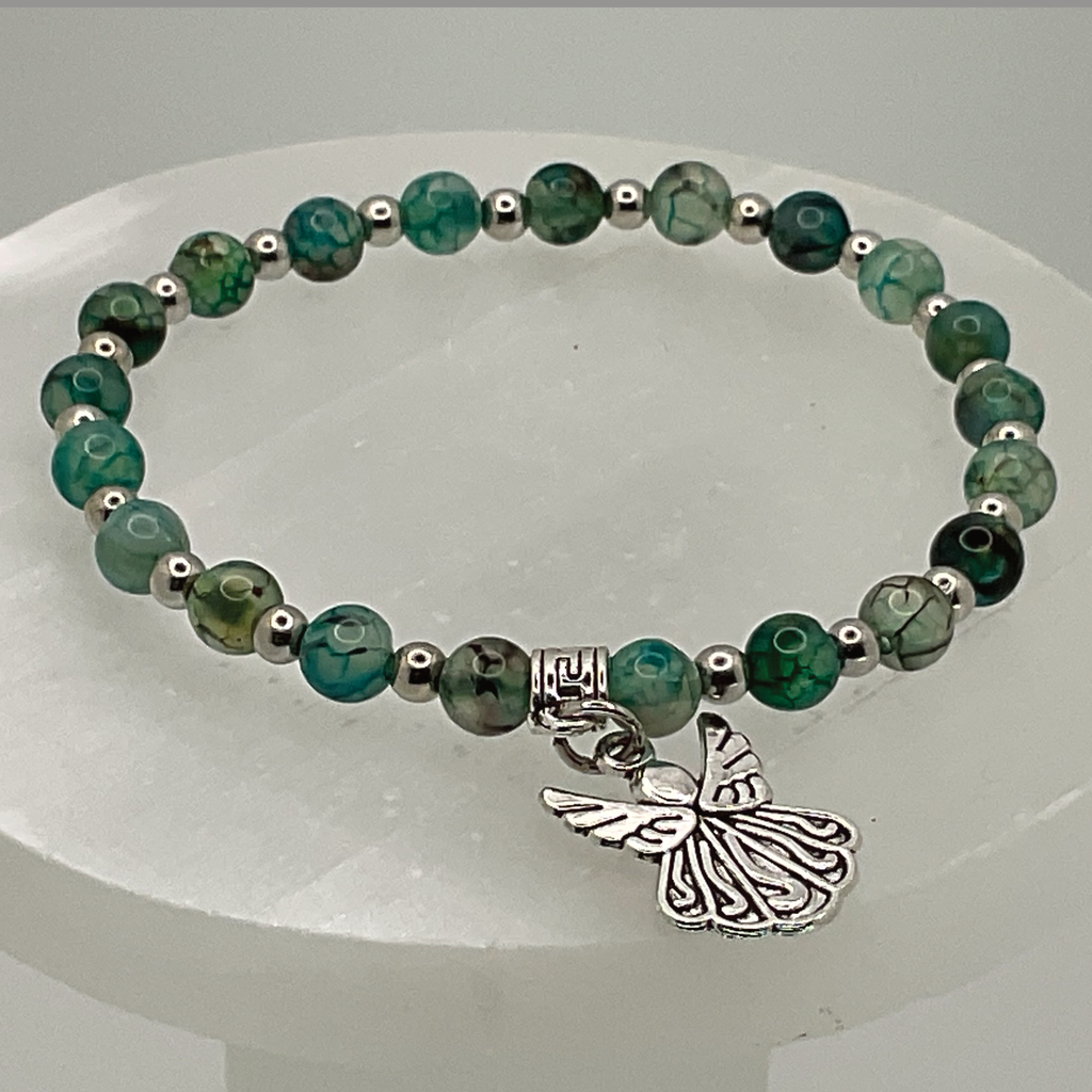 Green Dragon Vein Agate Angel Charm Bracelet with Tiny Silver Spacers