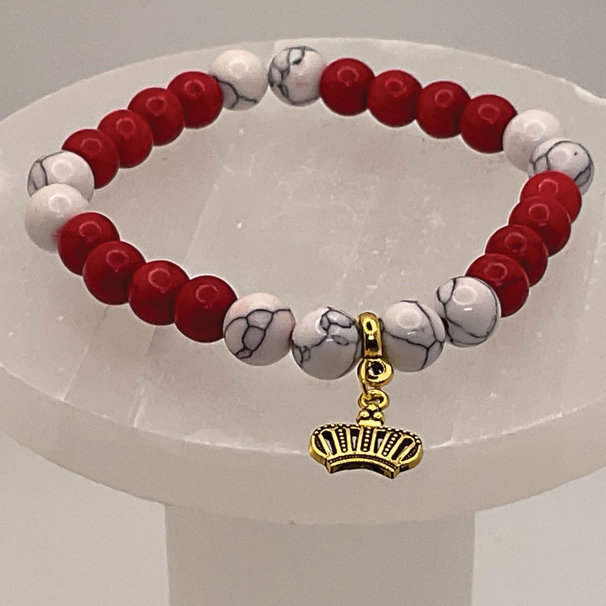 Red White Howlite Crown Charm Bracelet