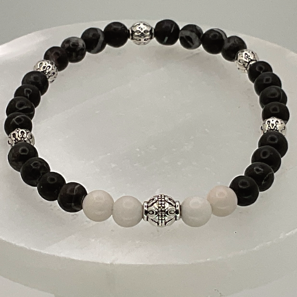 Black Agate Milky Quartz Bracelet with Silver Spacers