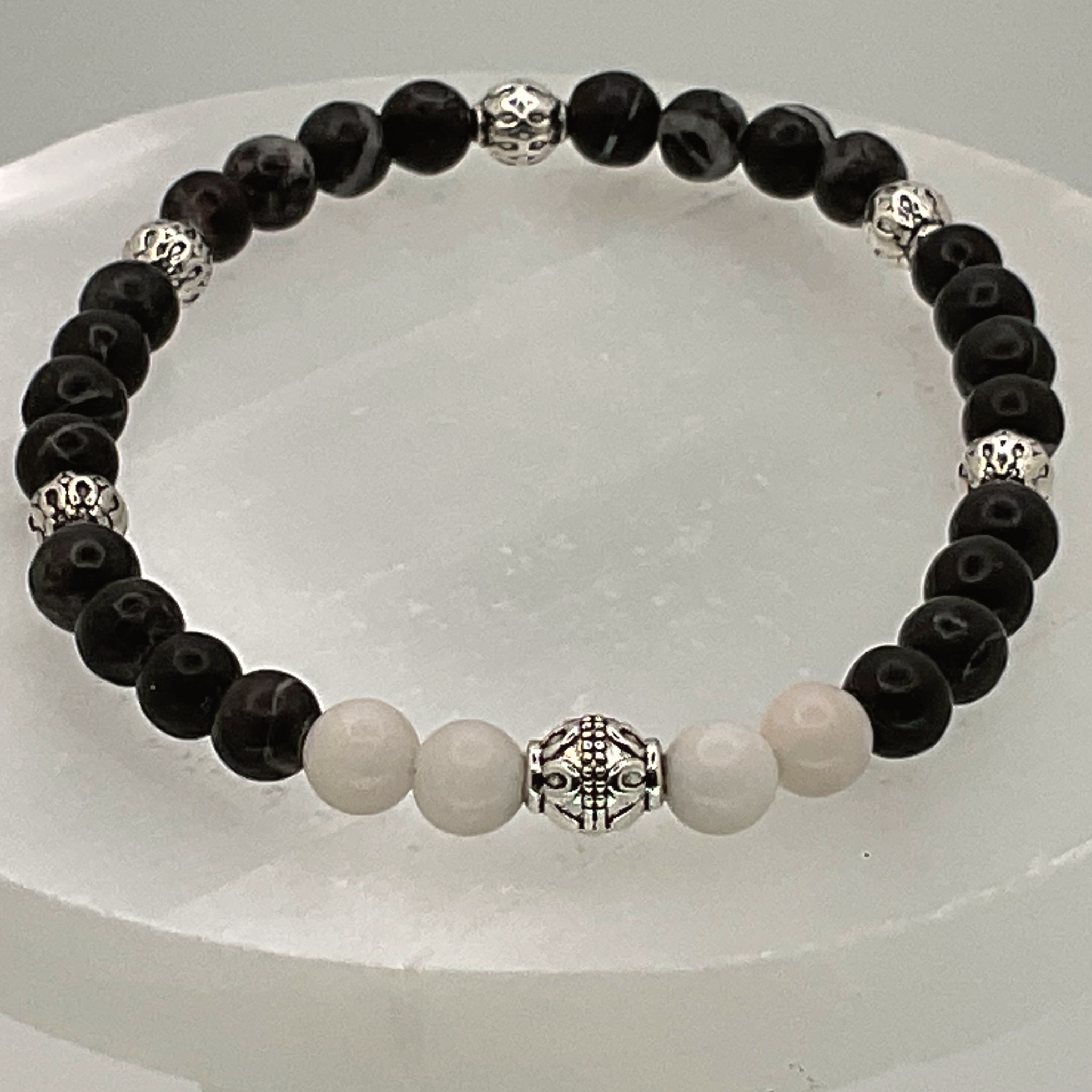 Black Agate Milky Quartz Bracelet with Silver Spacers