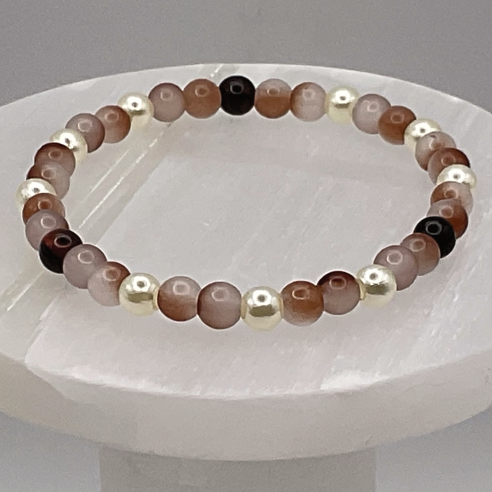 Beige Black Glass Bracelet with Pearl Spacers