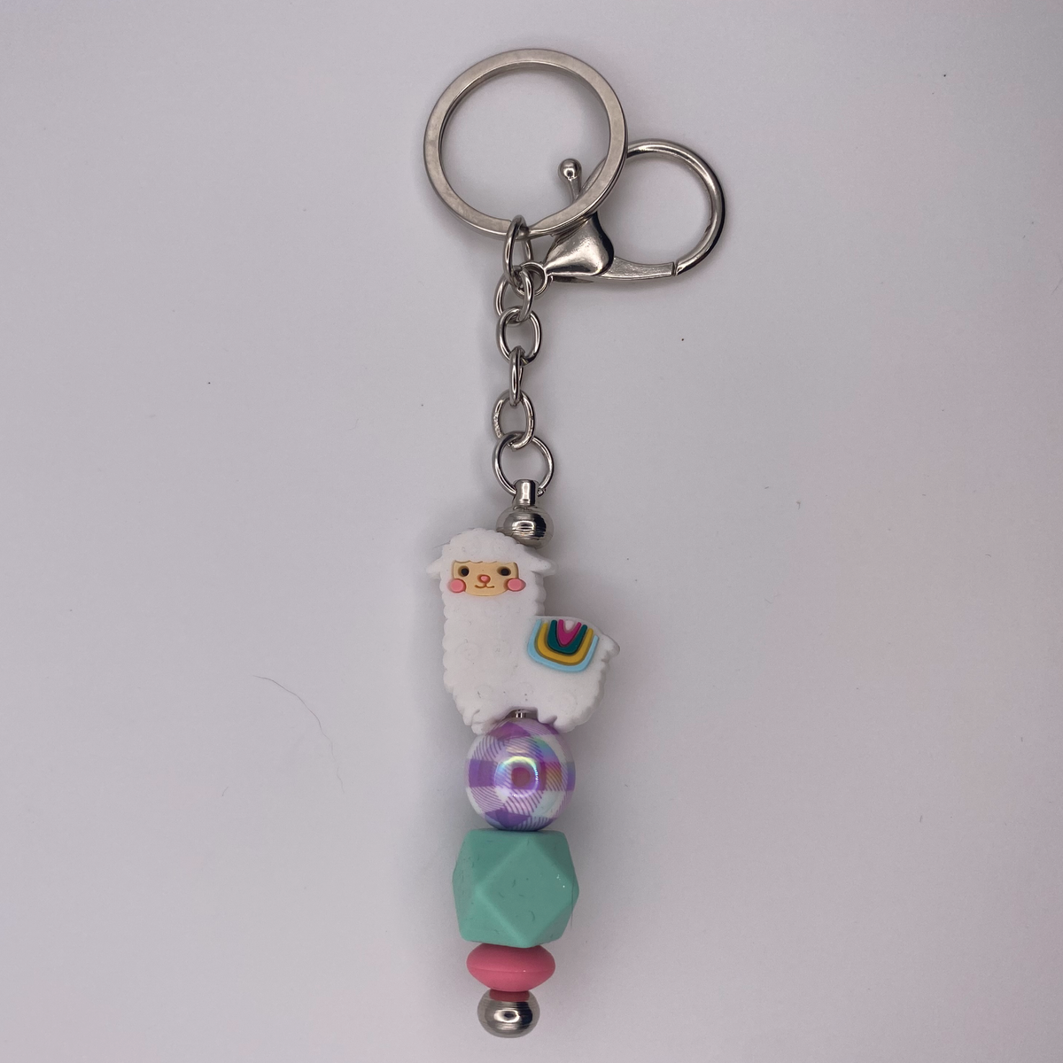 White Llama Teal Keychain