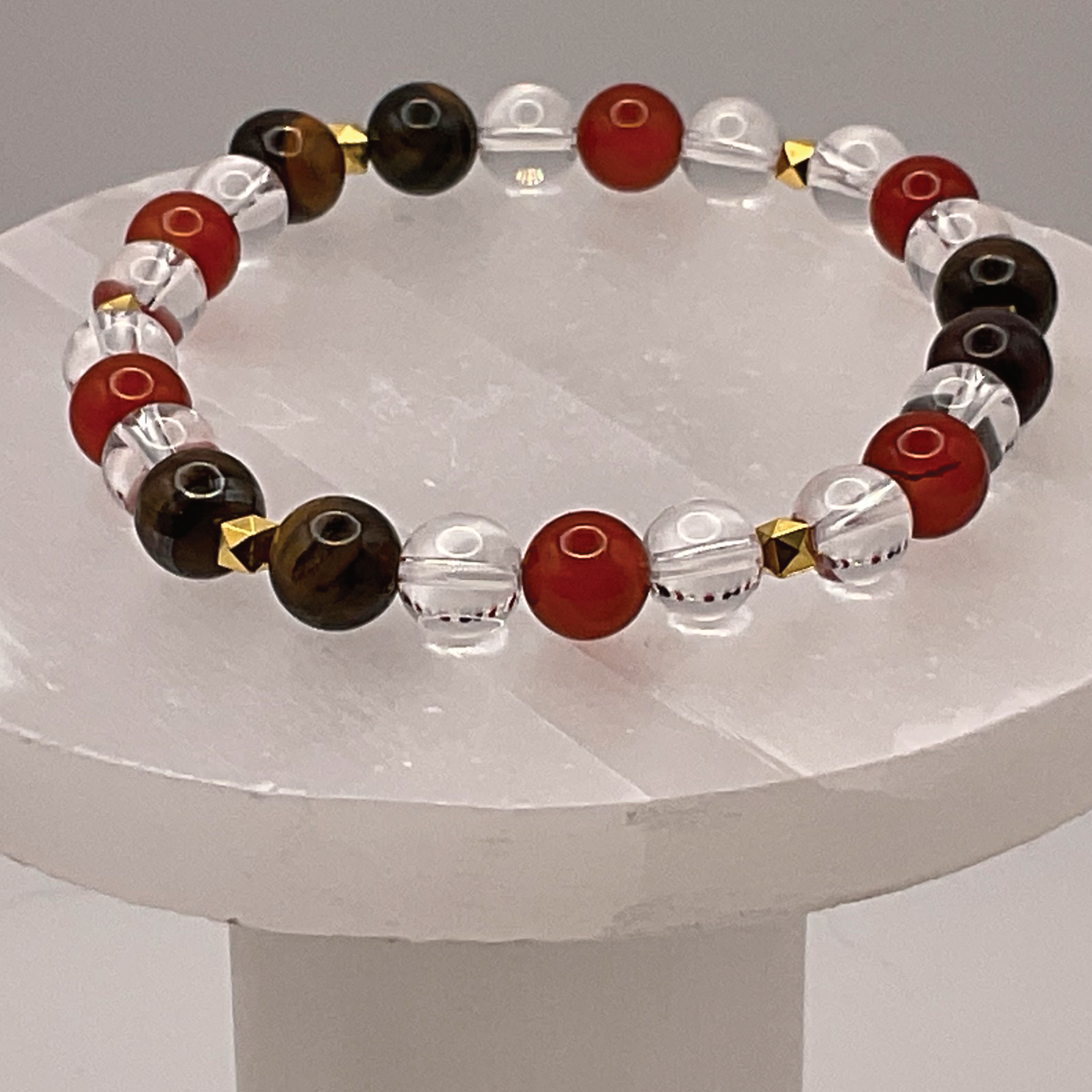 Carnelian Agate Tiger's Eye Clear Quartz Bracelet with Gold Tone Spacers