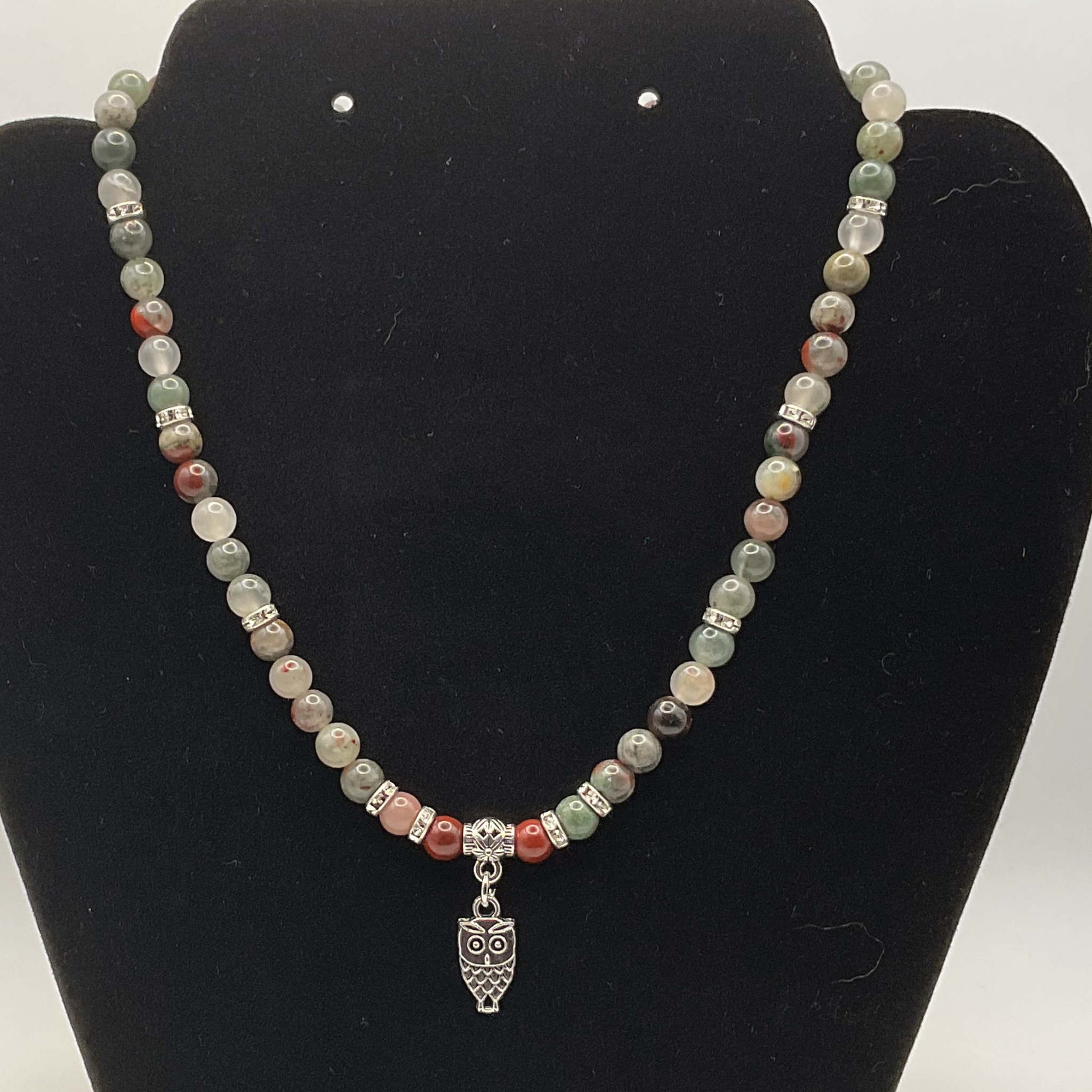 16" Desert Jasper Owl Charm Necklace with Silver Tone Crystal Spacers