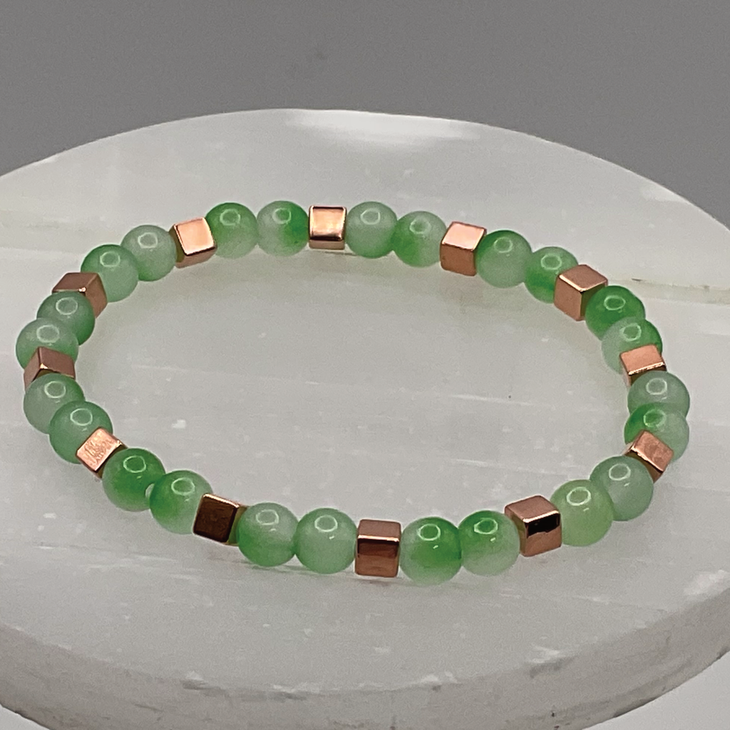 Cloudy Green Glass Bracelet with Gold Square Spacers