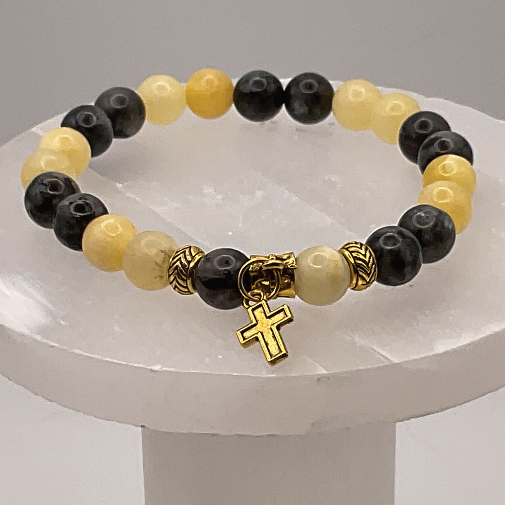 Serpentine Sodalite Cross Charm Bracelet with Gold Tone Spacers