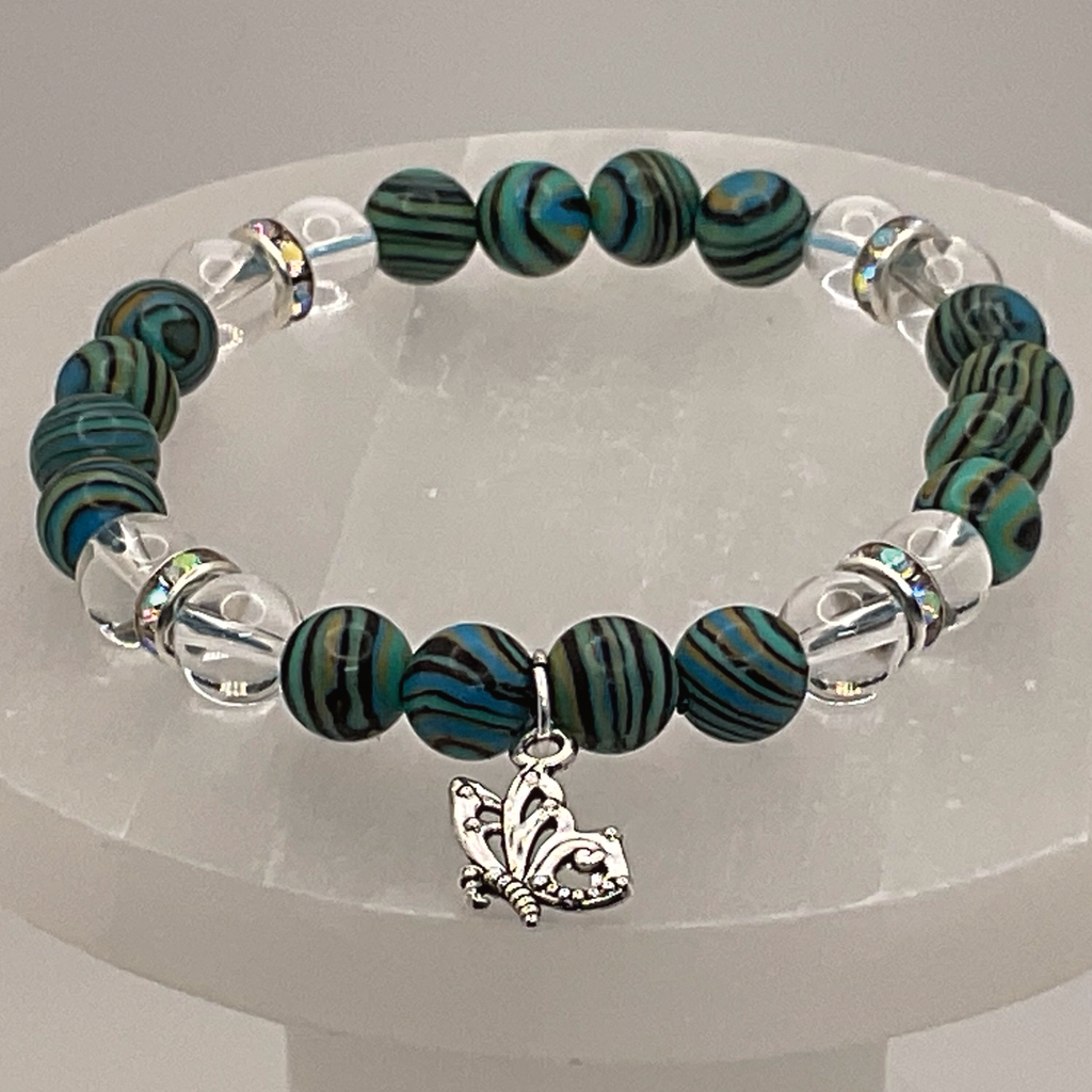 Rainbow Calsilica Clear Quartz Butterfly Charm Bracelet with Silver Multicolored Spacers
