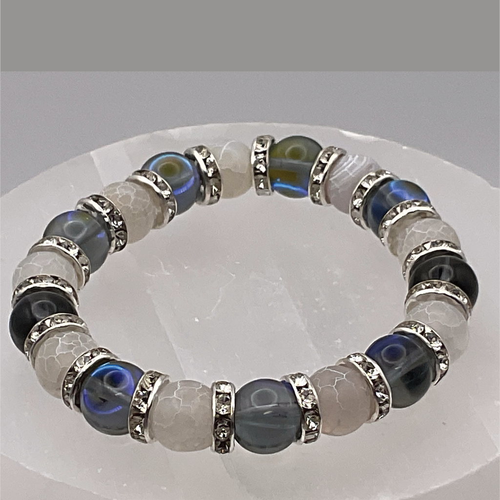 Blue Obsidian Dragon Vein Bracelet with Silver Tone Spacers