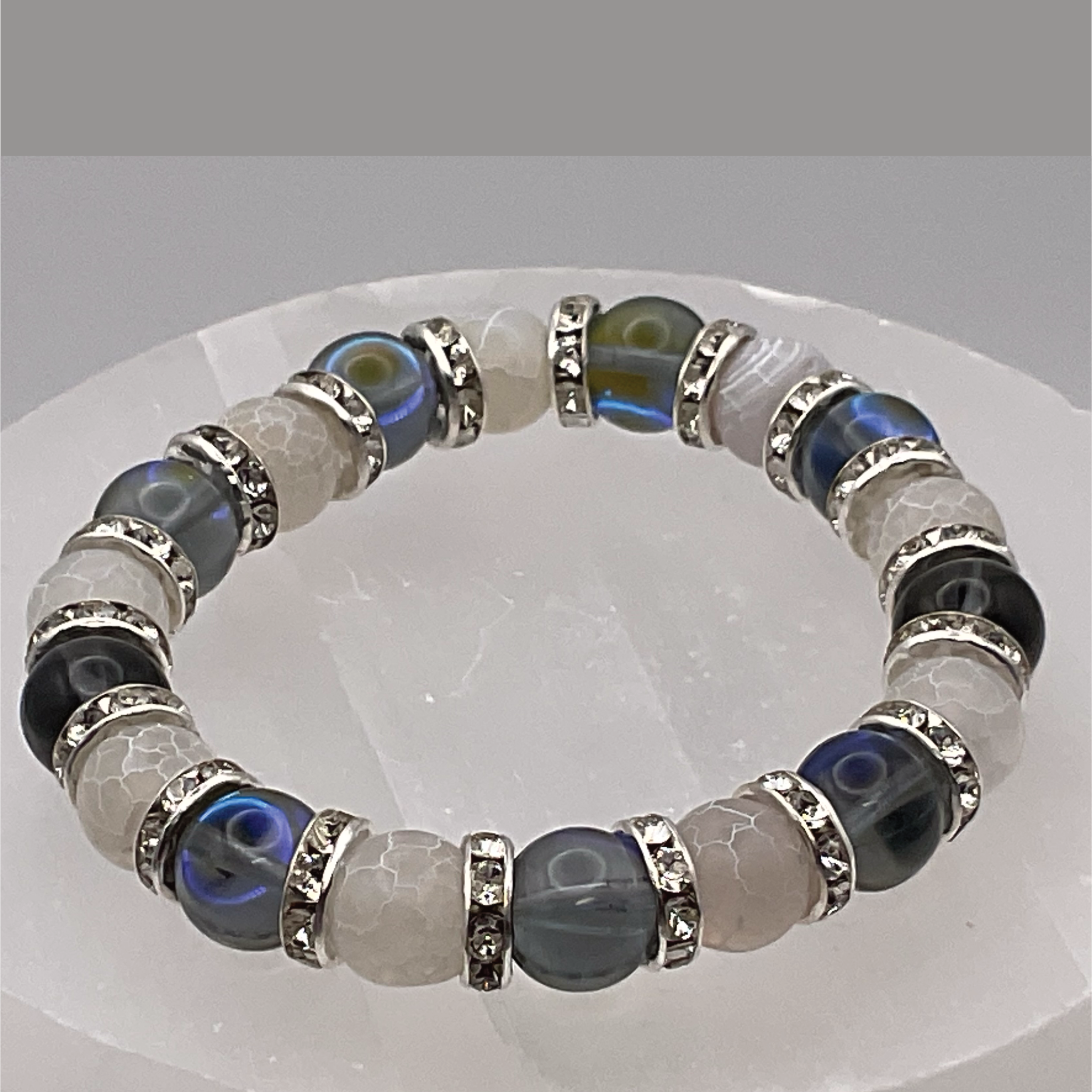 Blue Obsidian Dragon Vein Bracelet with Silver Tone Spacers