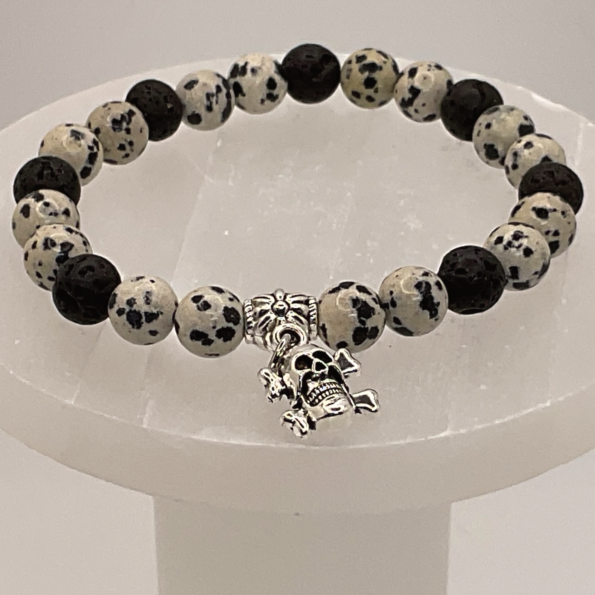 Dalmation Stone Lava Stone Skull Charm Bracelet