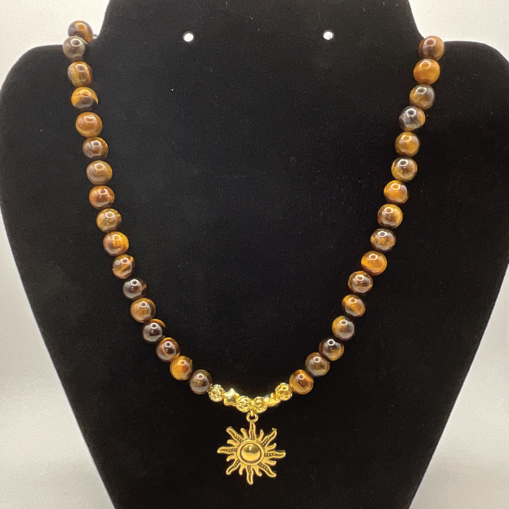 18" Tiger's Eye Sun Charm Necklace with Gold Tone Spacers