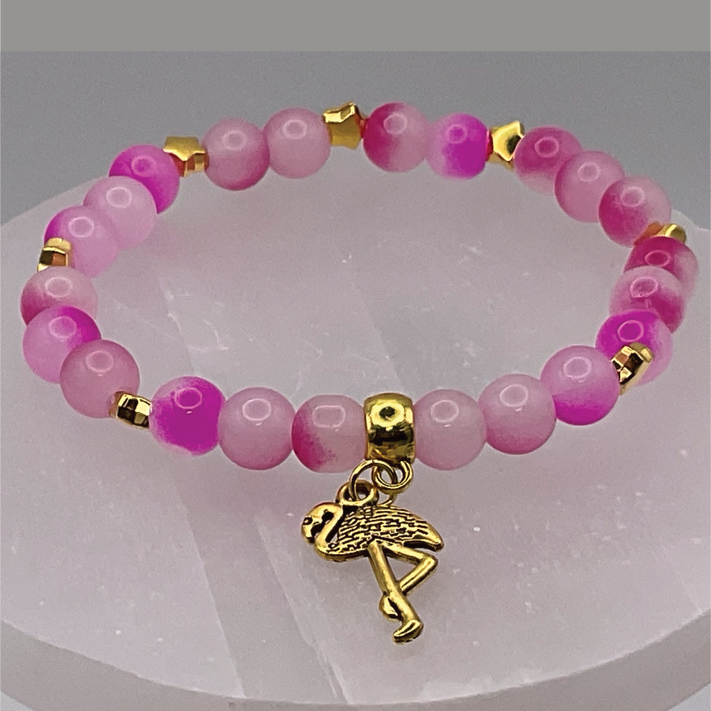 Pink Dragonvein Agate Flamingo Charm Bracelet with Gold Tone Spacers