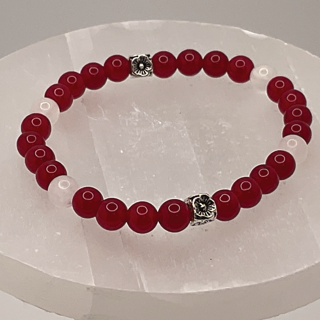 Almandine Garnet Milky Quartz Bracelet with Silver Tone Spacers