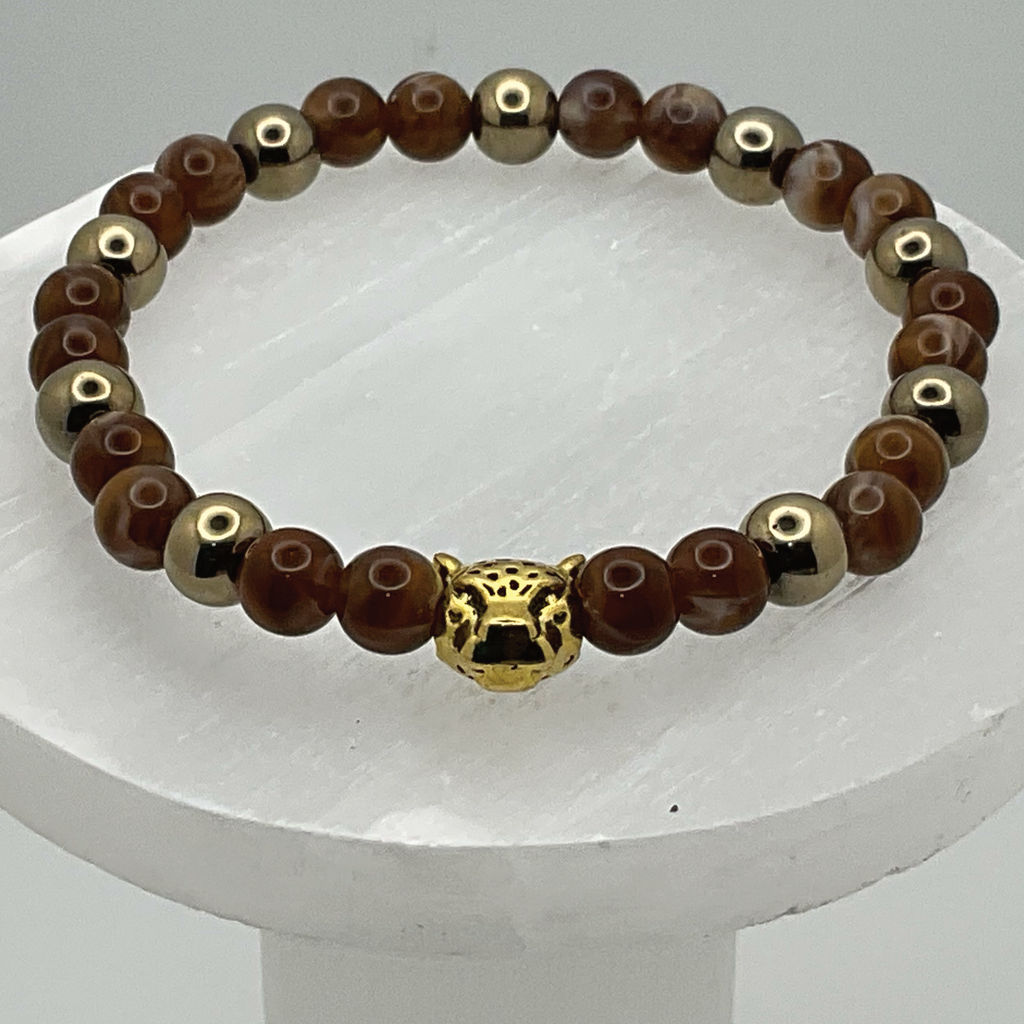 Tiger's Eye Hematite Leopard Charm Bracelet with Gold Spacers