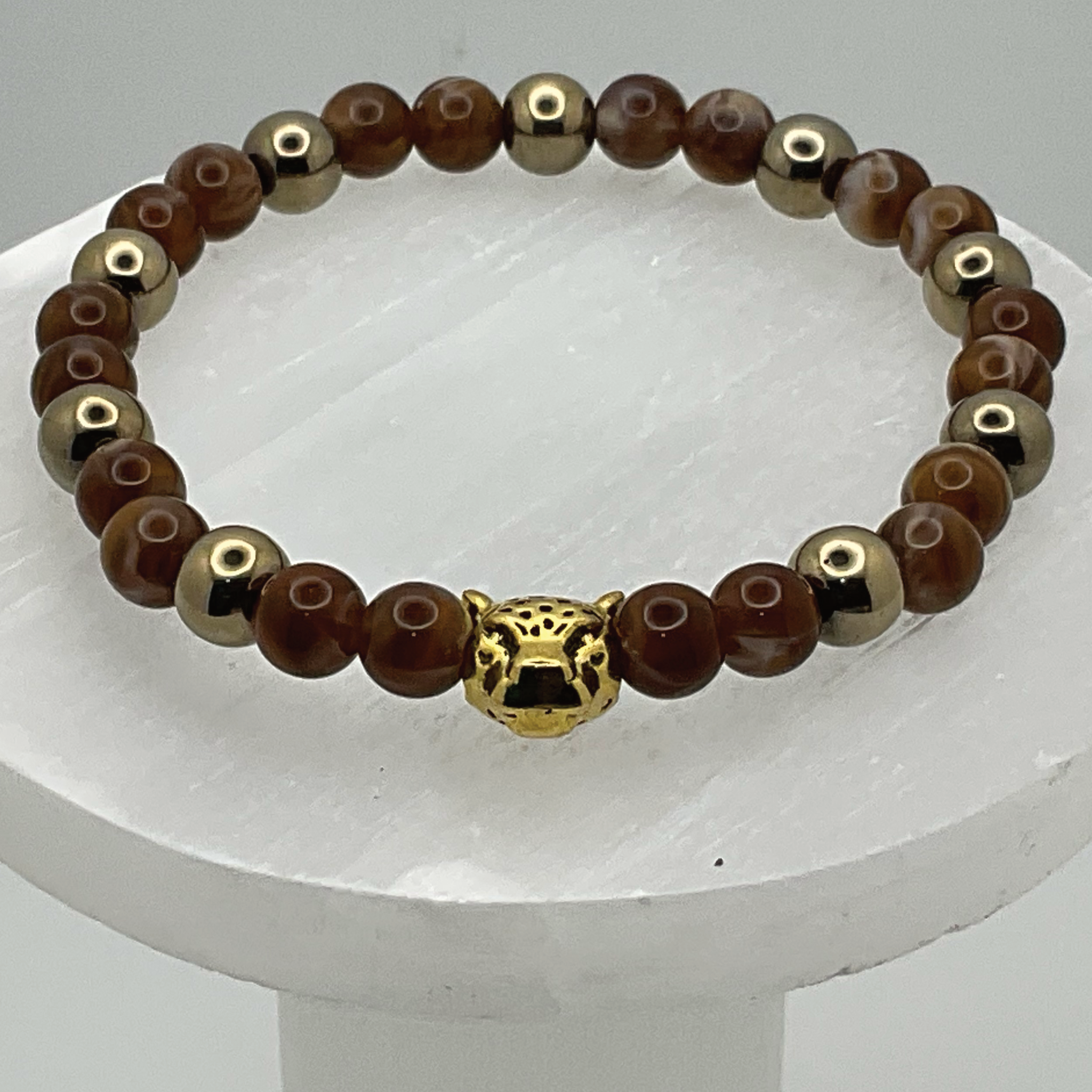 Tiger's Eye Hematite Leopard Charm Bracelet with Gold Spacers