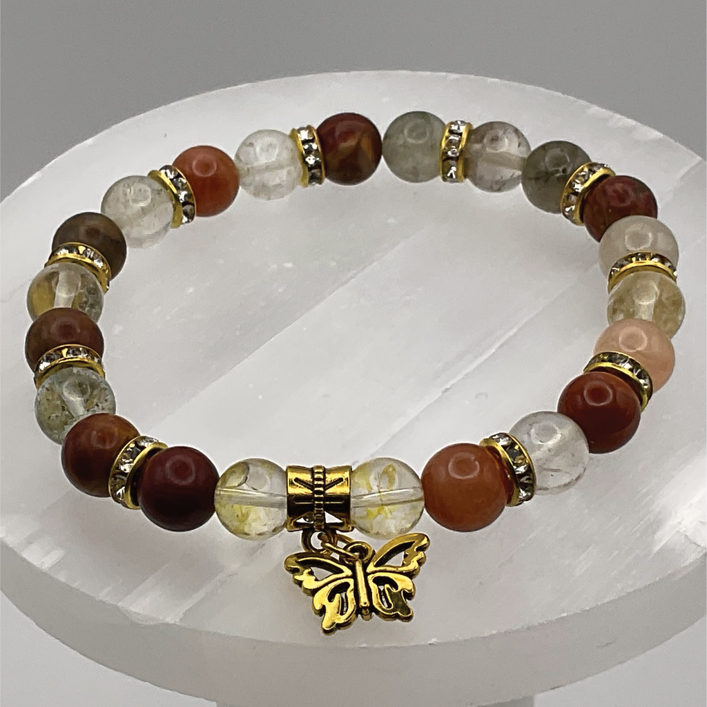 Jasper Clear Quartz Butterfly Charm Bracelet with Gold Tone Spacers