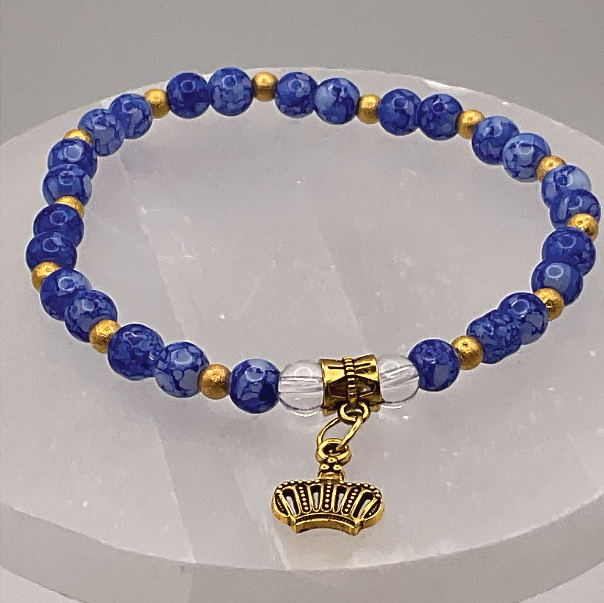 Blue Agate Clear Quartz Crown Charm with Gold Tone Spacers