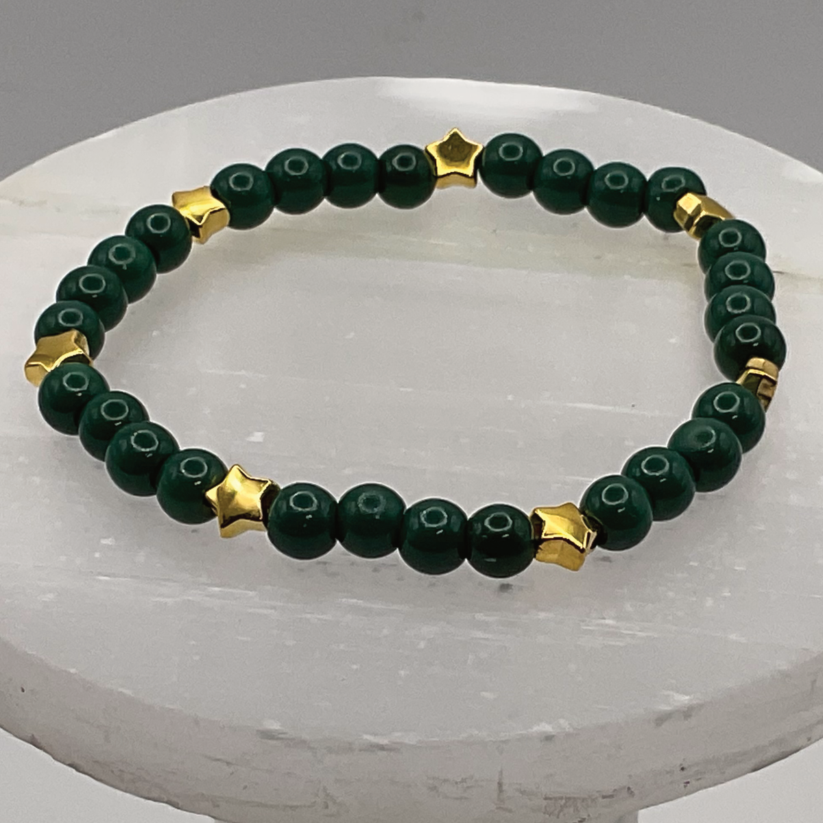 Dark Green Glass Bracelet with Gold Star Spacers