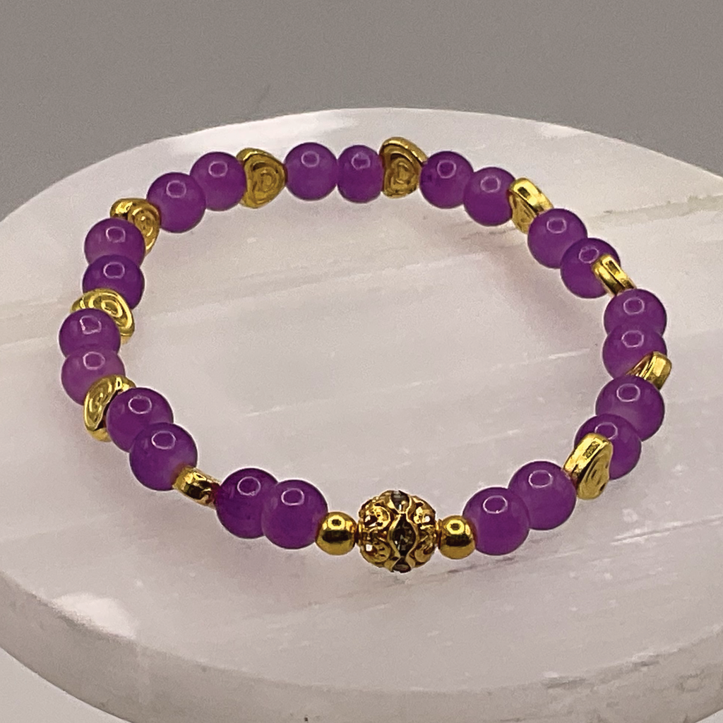 Purple Glass Bracelet with Gold Heart Spacers