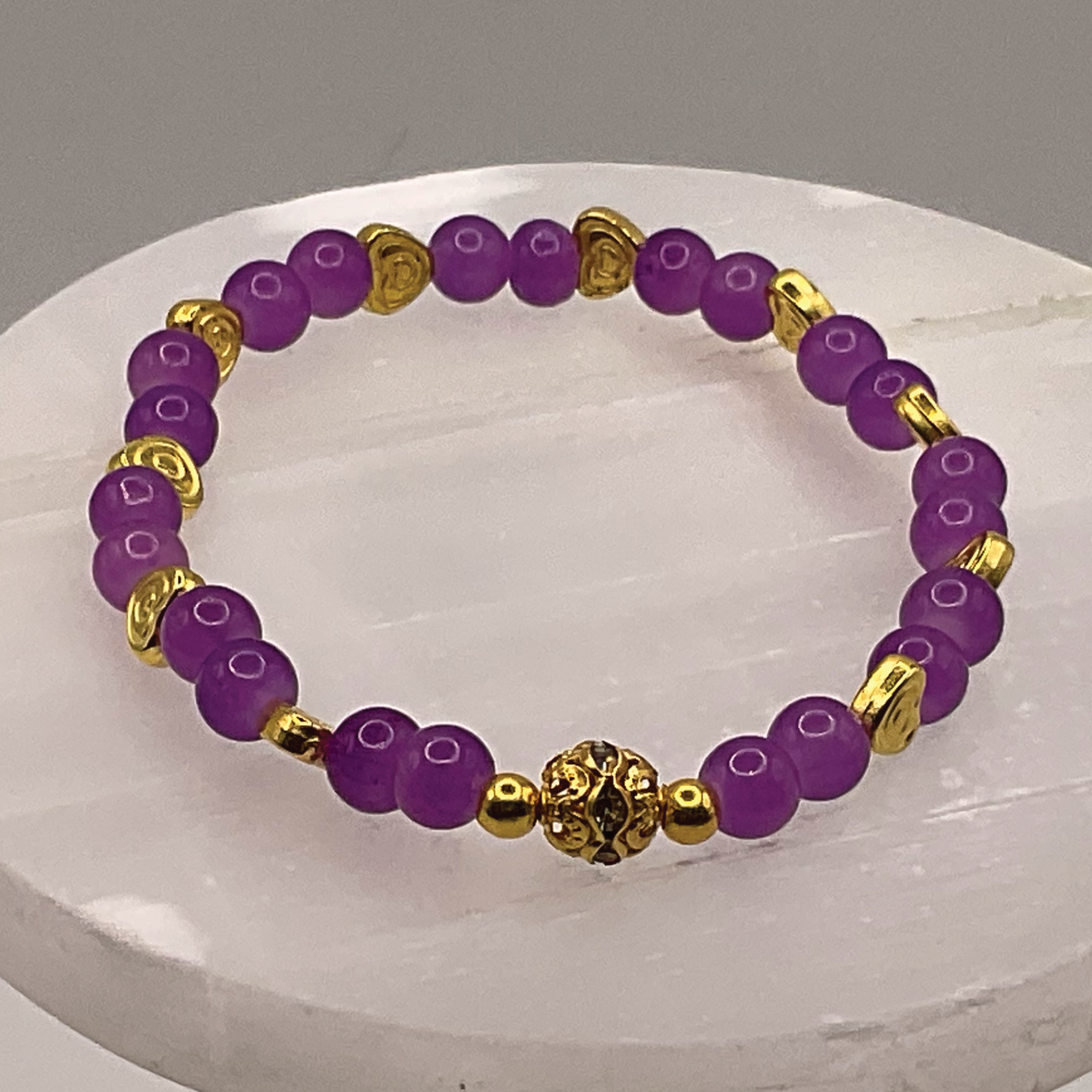 Purple Glass Bracelet with Gold Heart Spacers