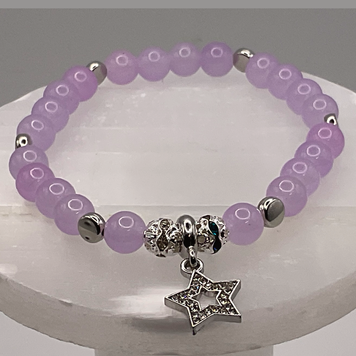 Lilac Silver Star Charm Glass Bracelet with Silver Disc Spacers