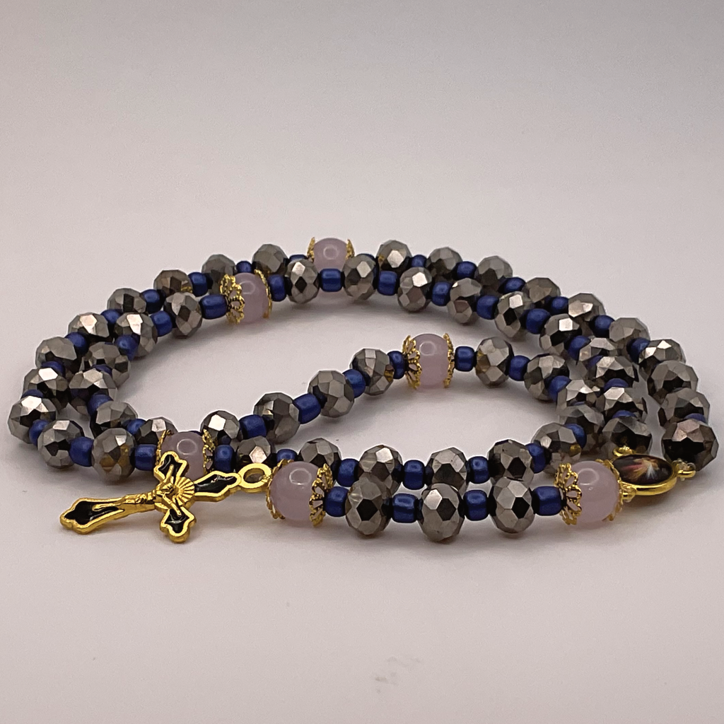 Grey Faceted Blue Spacers Full 5 Decade Gold Rosary