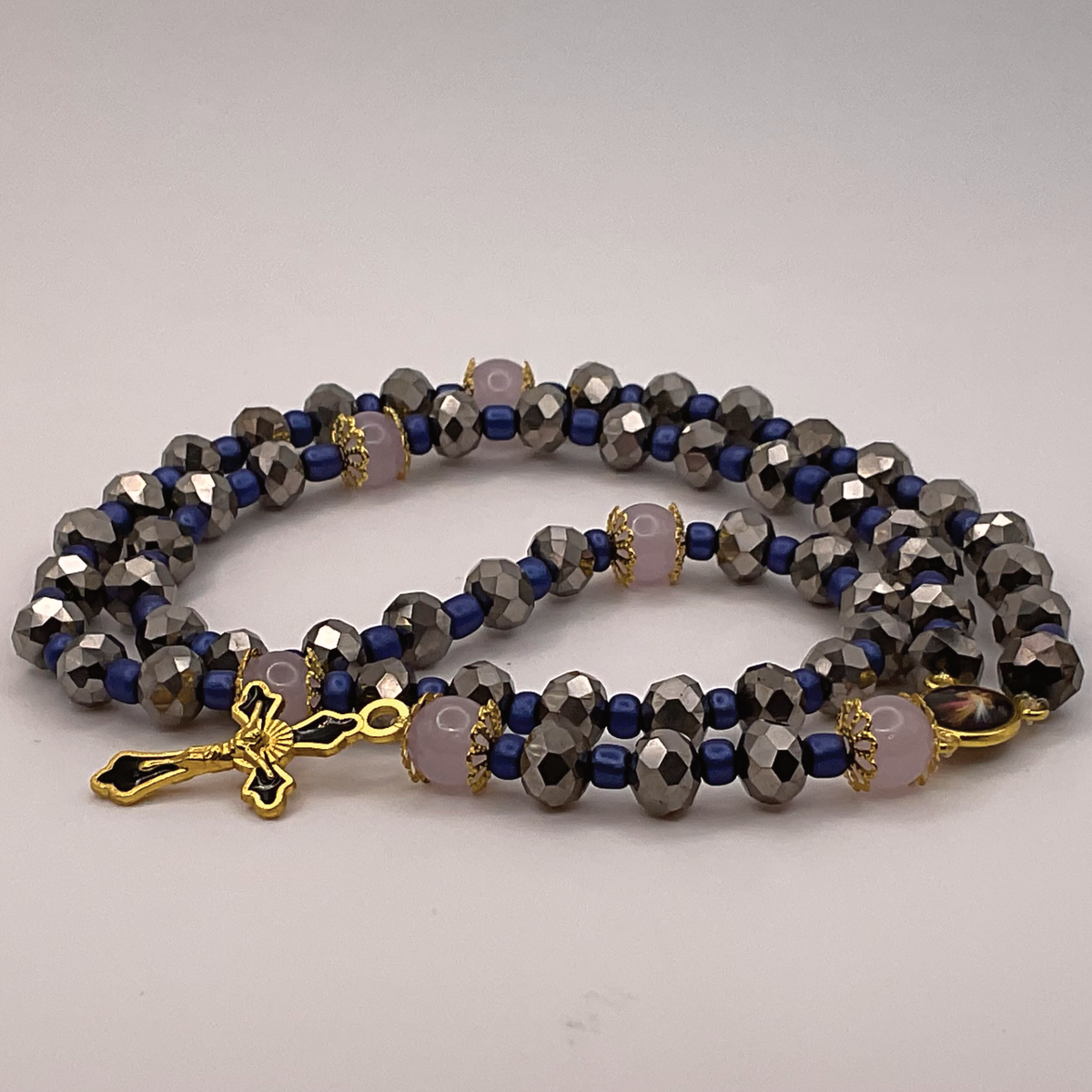 Grey Faceted Blue Spacers Full 5 Decade Gold Rosary
