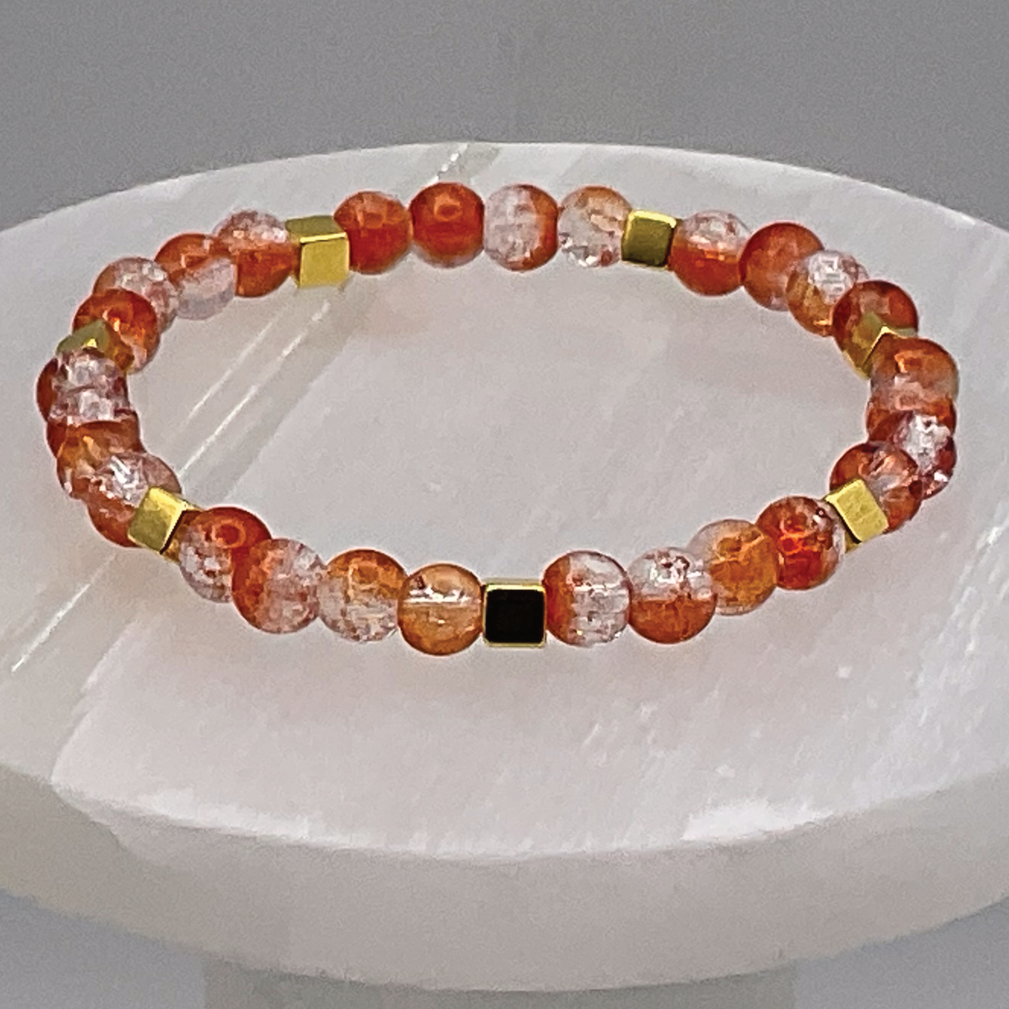 Orange Crackle Glass Bracelet with Square Gold Spacers