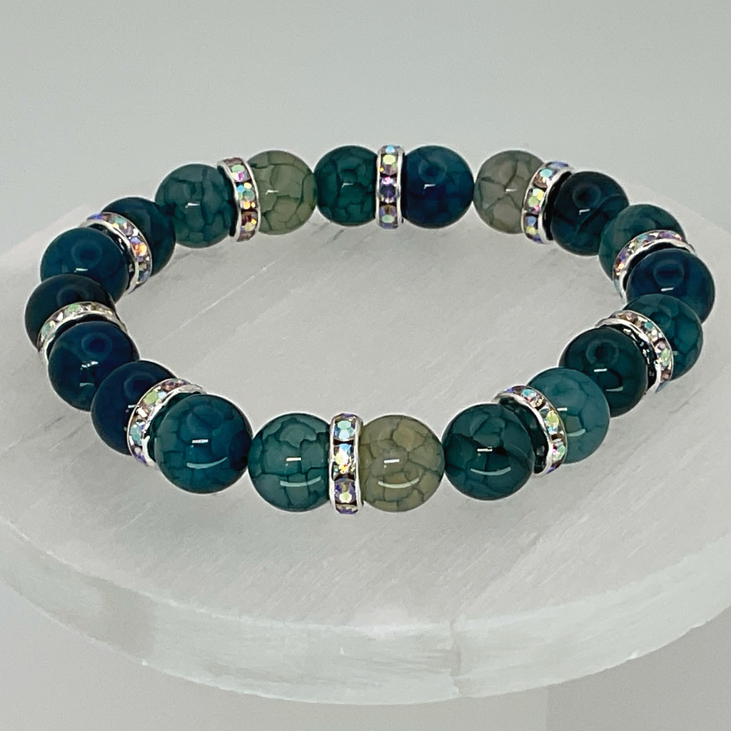 Blue Dragon Agate Bracelet with Silver White Crystal Spacers