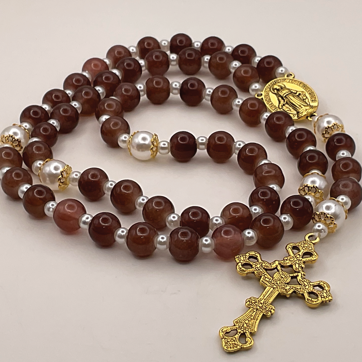 Brown Pearl Full 5 Decade Gold Rosary
