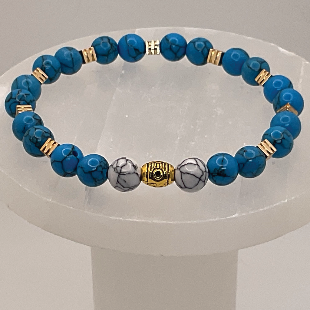 White Blue Howlite Bracelet with Gold Spacers