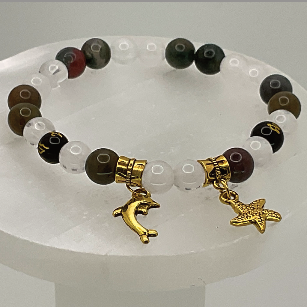 Oriental Agate Milky Quartz Black Pixiu Starfish Dolphin Charm Bracelet