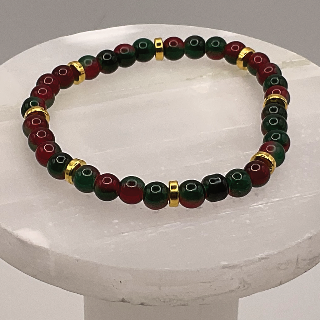 Red Green Glass Bracelet with Gold Spacers