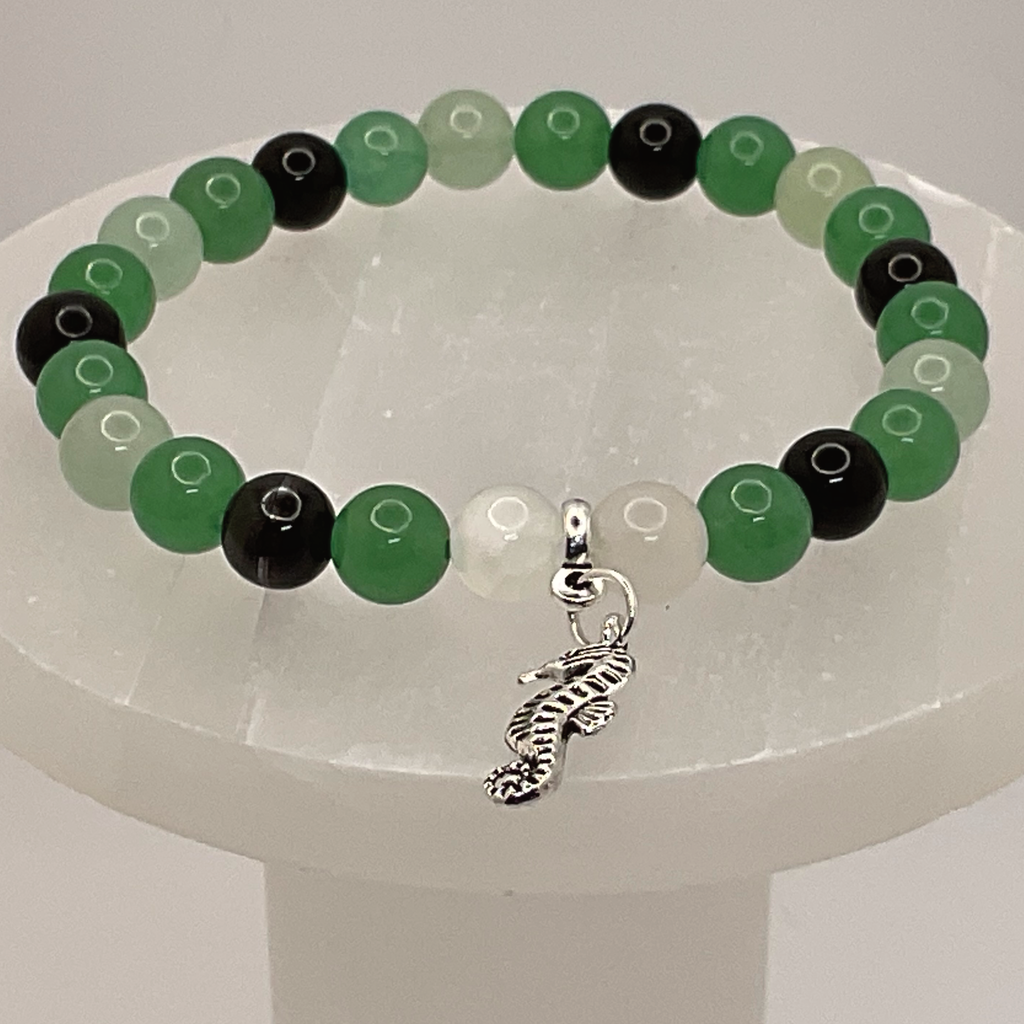 Green Chalcedony Black Agate Seahorse Charm Bracelet